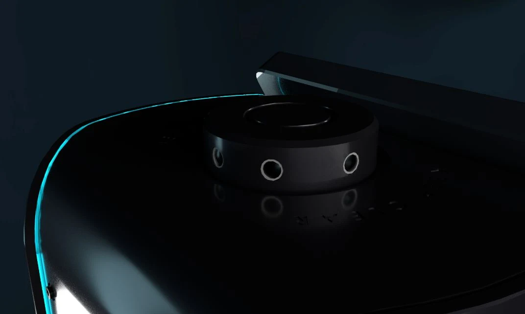 Tête rotative à 360 degrés d'Eloane, cerclée d'un filet de lumière cyan