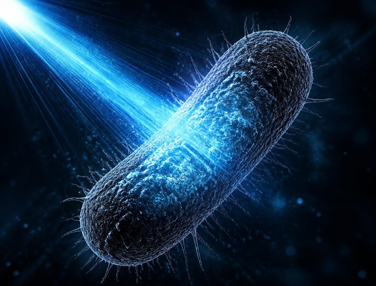 Faisceau de lumière pulsée traversant la paroi d'une bactérie
