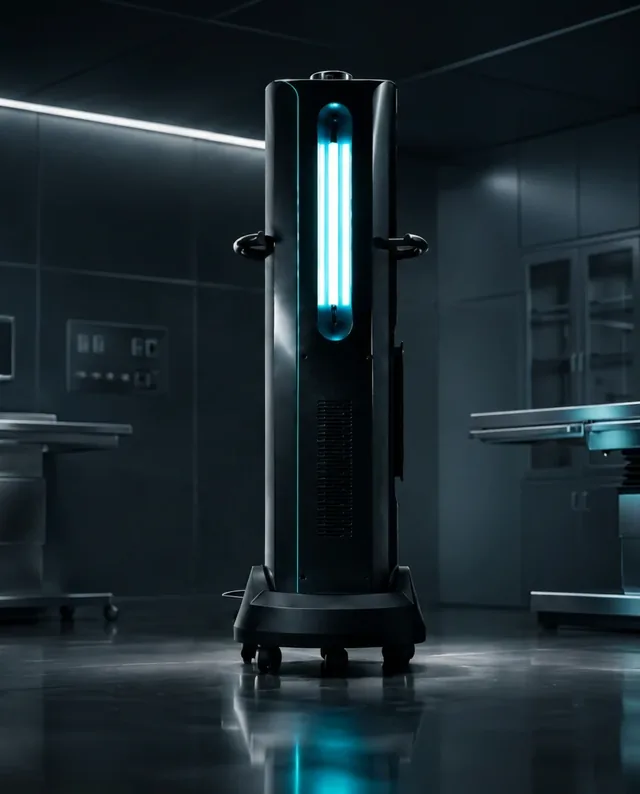 Tour Eloane vue de face, sa colonne de lumière pulsée cyan allumée dans un laboratoire sombre