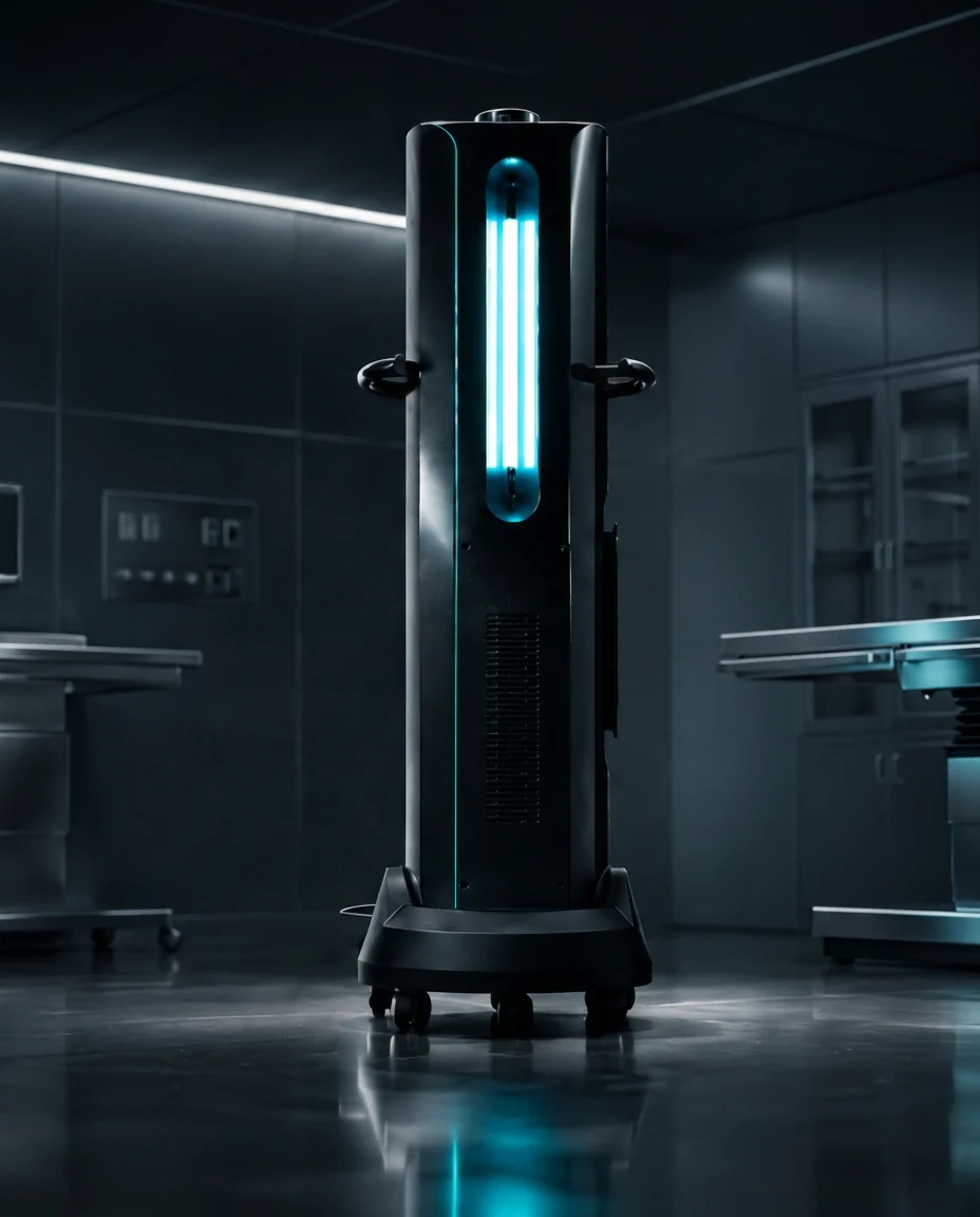 Tour Eloane vue de face, sa colonne de lumière pulsée cyan allumée dans un laboratoire sombre
