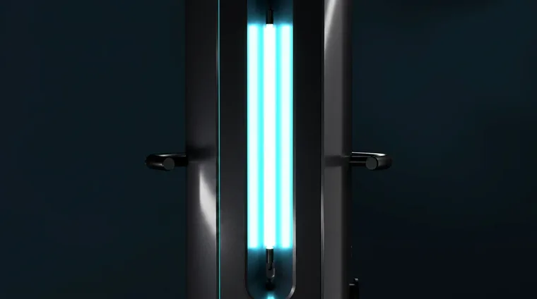 Tube de lumière pulsée cyan au cœur de la tour de désinfection Eloane