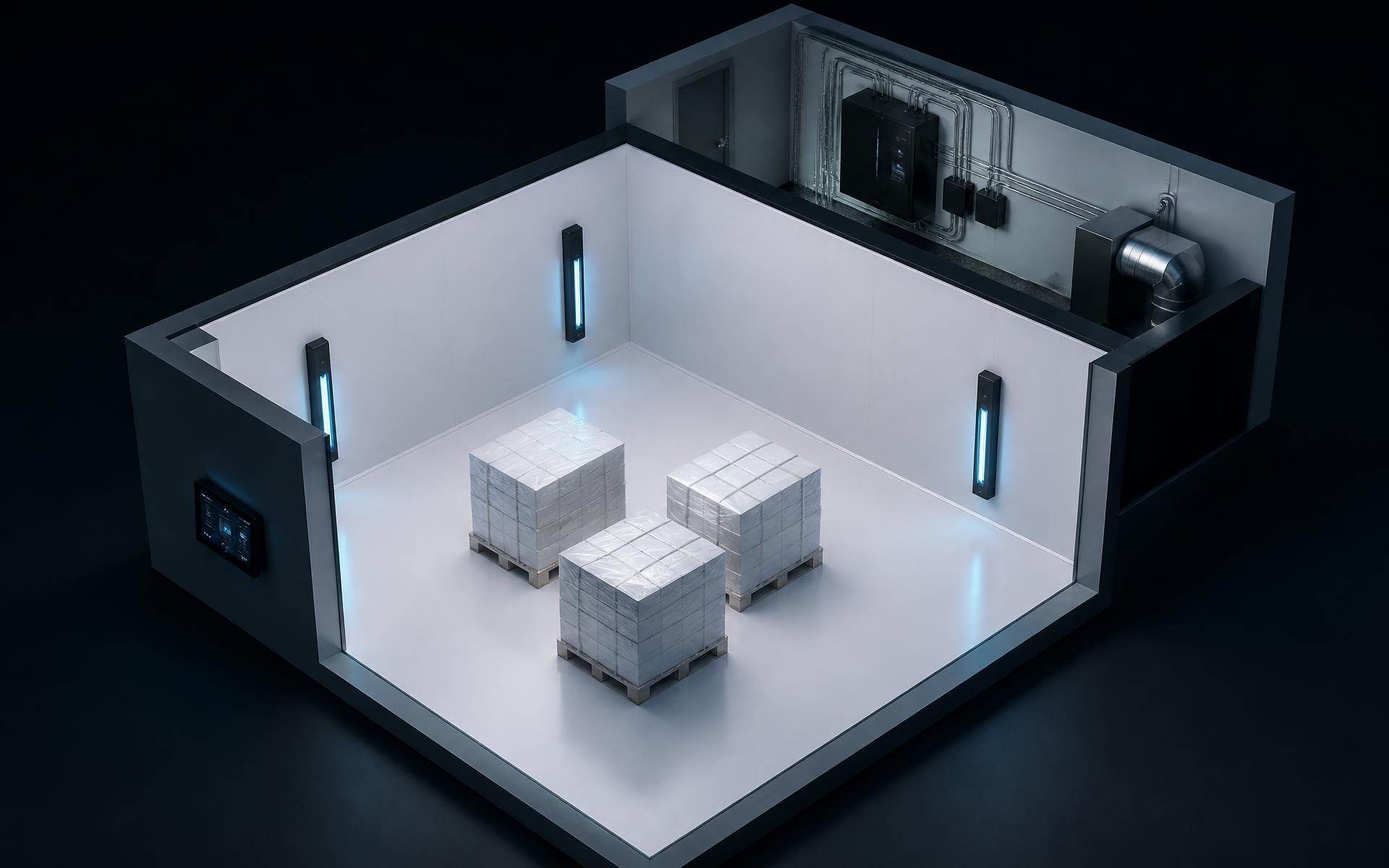 Vue isométrique d'une salle blanche pharmaceutique de 5 × 5 × 3 m équipée de quatre blocs optiques E-Z̈O en paroi, avec trois palettes au sol, l'unité de puissance en local technique et le pupitre de commande à l'extérieur.