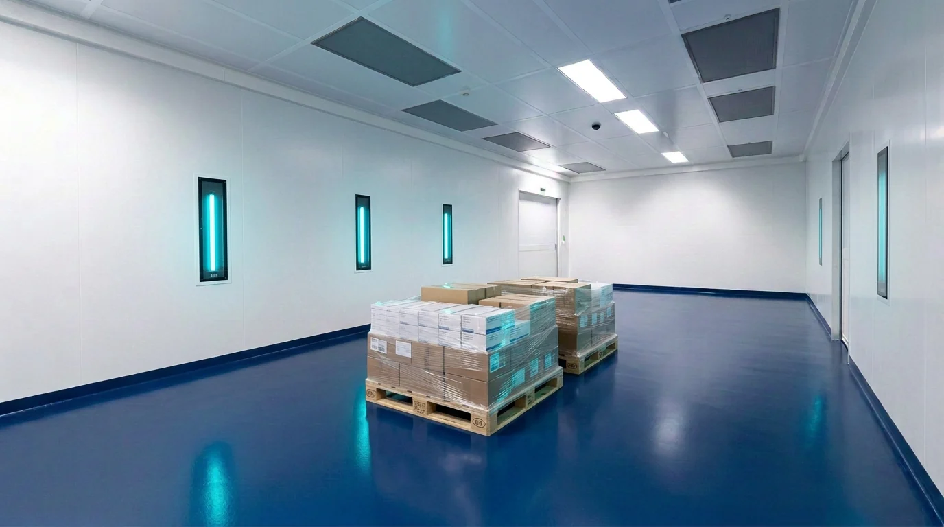 Salle blanche pharmaceutique avec blocs optiques E-Z̈O encastrés à fleur de paroi et palettes filmées à traiter au centre