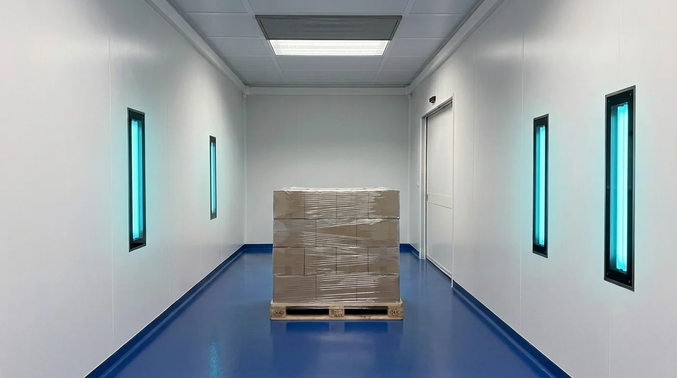 SAS de décontamination avec blocs optiques E-Z̈O encastrés en vis-à-vis, sans goulotte apparente, et palette pharmaceutique au centre