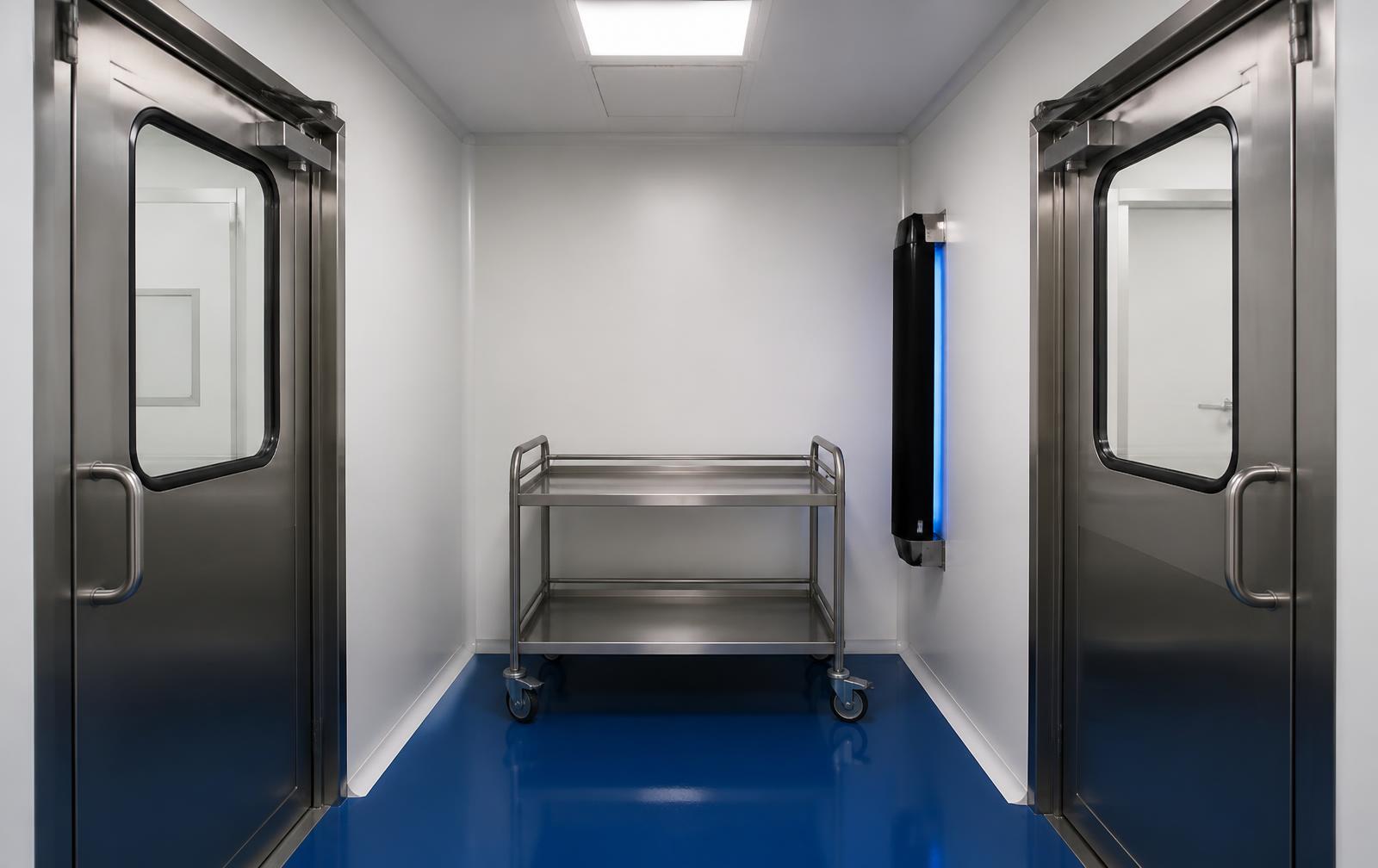 Sas de transfert de matériels traité en flux, entre deux portes interverrouillées.