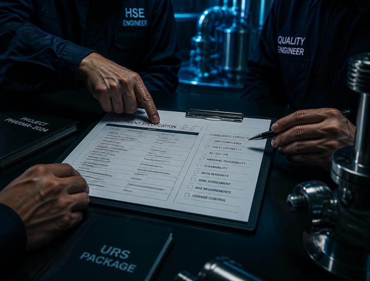Ingénieurs HSE et assurance qualité revoyant un cahier des charges