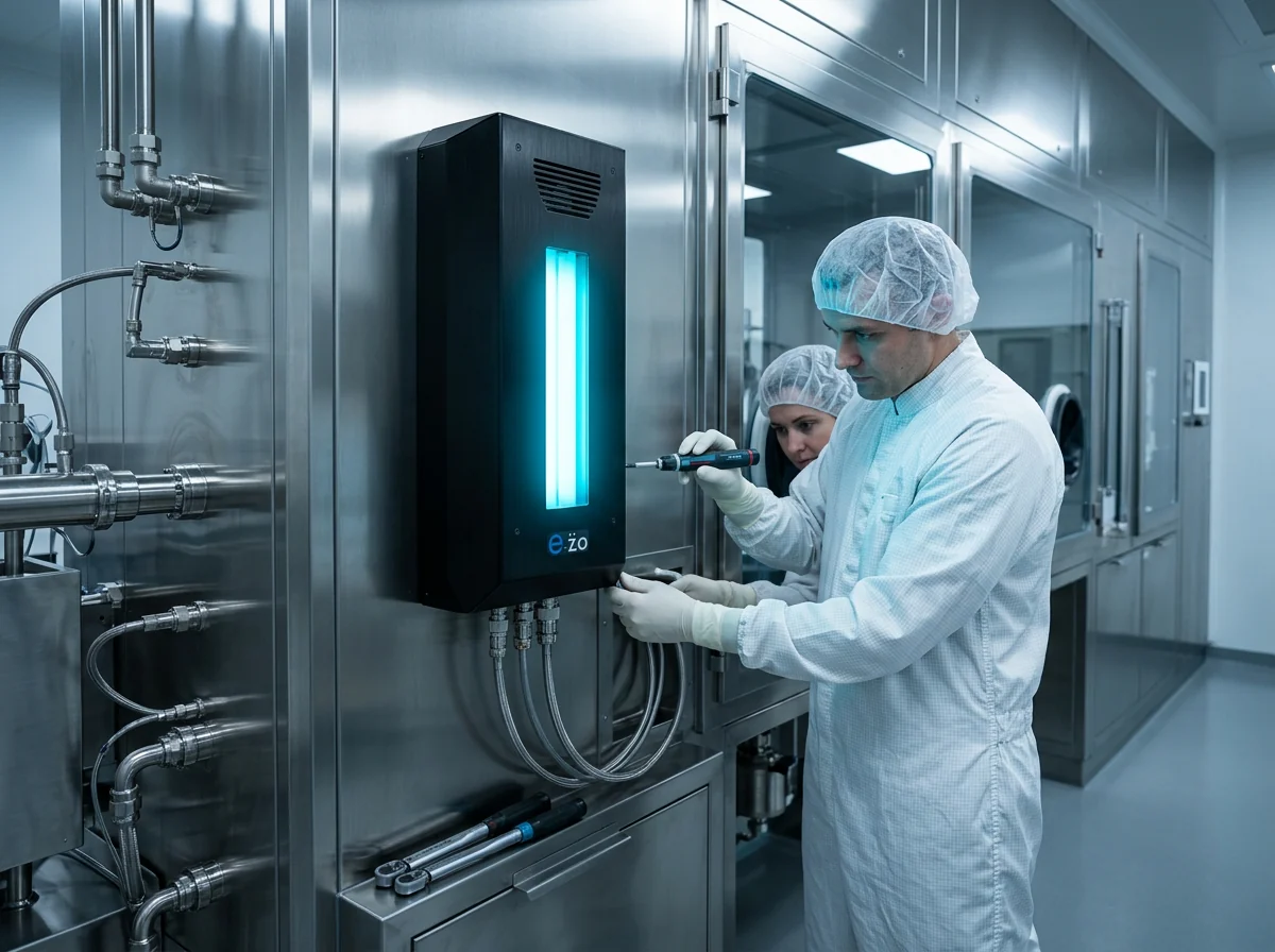 Technicien installant un bloc optique dans une paroi de salle propre